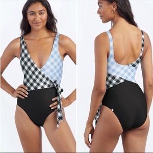 Summersalt The Perfect Wrap One Piece Swimsuit Black and Blue Gingham 8